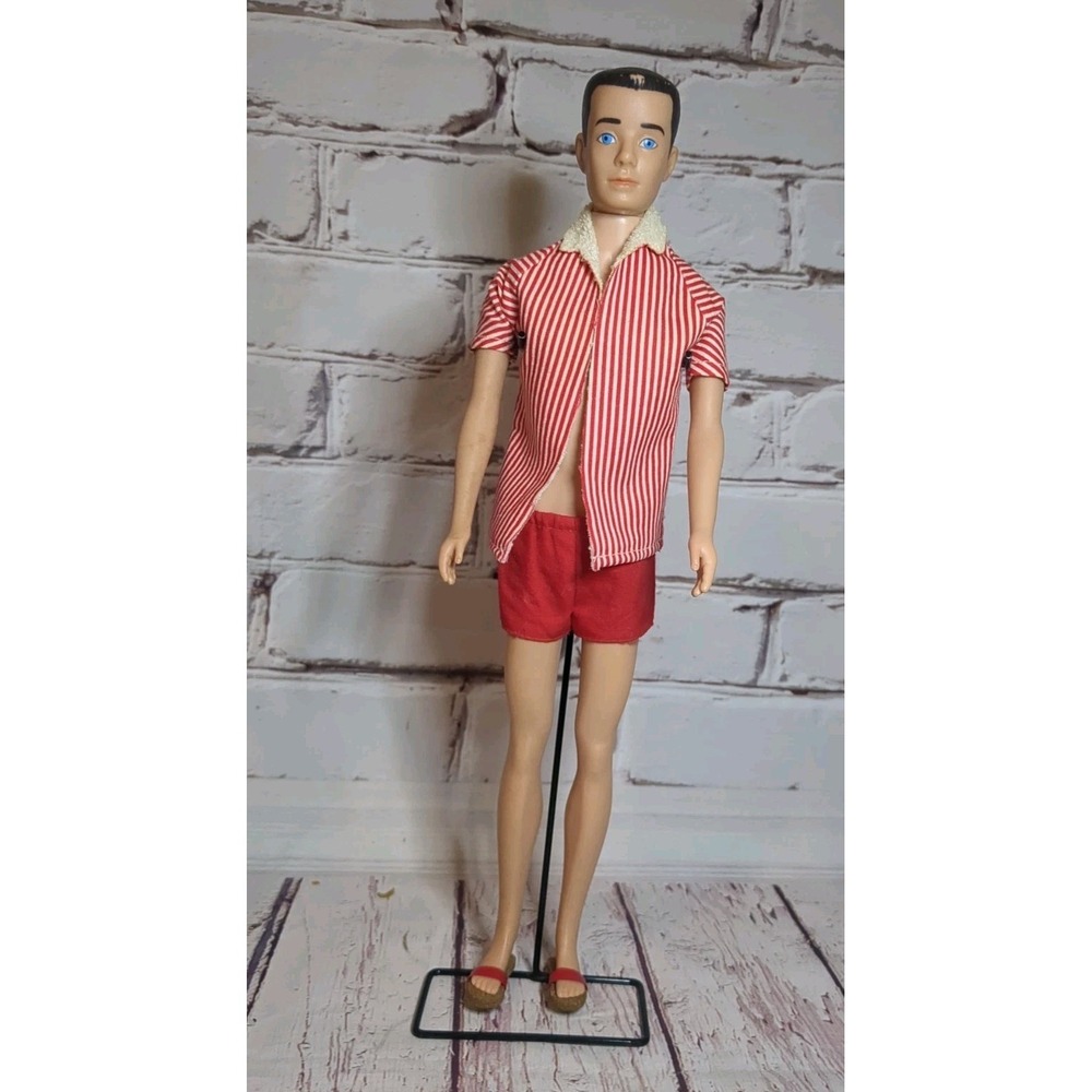 Vintage‎ Brunette Straight Leg Ken Doll #750 w/Original Outfit, sandals, stand